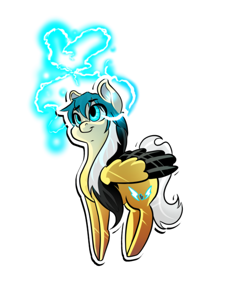 Size: 2400x3036 | Tagged: safe, artist:marrow-pony, derpibooru import, oc, pegasus, pony, black mane, cutie mark, cyan eyes, cyan mane, happy, image, multicolored mane, png, simple background, smiling, solo, sparks, tail, transparent background, white mane, white tail, wings, yellow coat