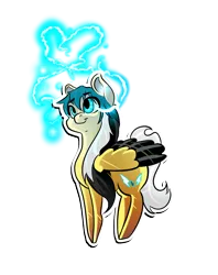 Size: 2400x3036 | Tagged: safe, artist:marrow-pony, derpibooru import, oc, pegasus, pony, black mane, cutie mark, cyan eyes, cyan mane, happy, image, multicolored mane, png, simple background, smiling, solo, sparks, tail, transparent background, white mane, white tail, wings, yellow coat