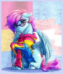 Size: 1051x1226 | Tagged: safe, artist:thatonegib, derpibooru import, oc, unofficial characters only, pegasus, clothes, commission, derpibooru exclusive, glasses, hoodie, image, jpeg, looking at you, pansexual pride flag, pride, pride flag, raised hoof, smiling, solo, transgender pride flag, unshorn fetlocks, ych result