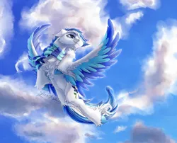 Size: 1540x1242 | Tagged: safe, artist:thatonegib, derpibooru import, oc, unofficial characters only, pegasus, clothes, cloud, colored wings, commission, flying, image, jpeg, looking up, multicolored hair, multicolored wings, scarf, sky, smiling, solo, spread wings, unshorn fetlocks, wings, ych result