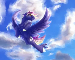 Size: 1540x1242 | Tagged: safe, artist:thatonegib, derpibooru import, oc, unofficial characters only, pegasus, cloud, commission, flying, image, jpeg, looking up, multicolored hair, sky, smiling, solo, spread wings, unshorn fetlocks, wings, ych result