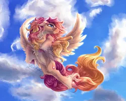 Size: 1540x1242 | Tagged: safe, artist:thatonegib, derpibooru import, oc, unofficial characters only, pegasus, cloud, commission, flying, image, jpeg, long mane, long tail, looking up, multicolored hair, sky, smiling, solo, spread wings, tail, unshorn fetlocks, wings, ych result