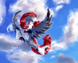 Size: 1540x1242 | Tagged: safe, artist:thatonegib, derpibooru import, oc, unofficial characters only, pegasus, aviator goggles, cloud, colored wings, commission, flying, goggles, goggles on head, image, jpeg, looking up, multicolored wings, sky, smiling, solo, spread wings, unshorn fetlocks, wings, ych result