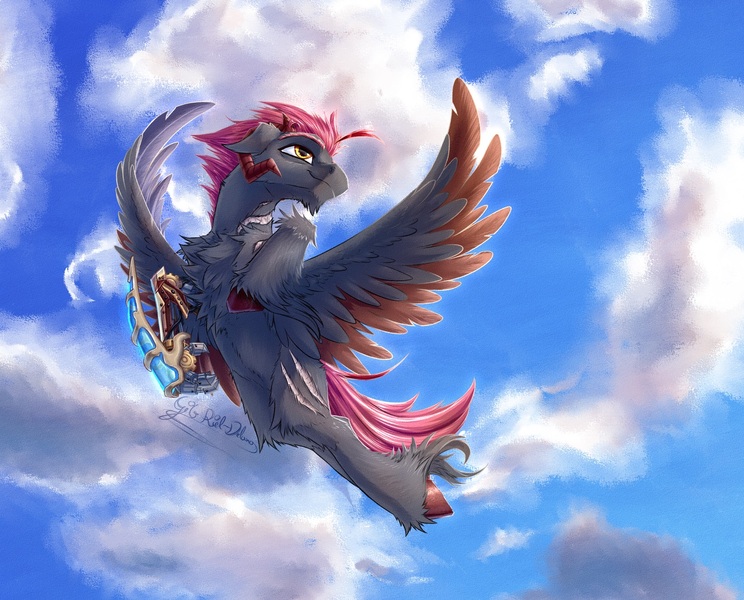 Size: 1540x1242 | Tagged: safe, artist:thatonegib, derpibooru import, oc, unofficial characters only, amputee, cloud, commission, flying, horns, image, jpeg, looking up, prosthetic leg, prosthetic limb, prosthetics, scar, sky, smiling, solo, spread wings, steampunk, unshorn fetlocks, wings, ych result