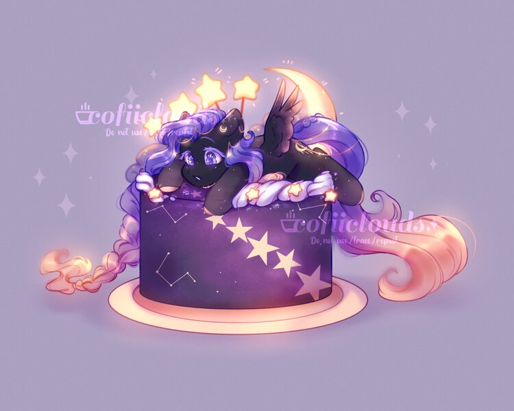 Size: 2500x2000 | Tagged: safe, artist:cofiiclouds, derpibooru import, oc, unofficial characters only, pegasus, pony, birthday cake, cake, food, image, jpeg, purple background, simple background, solo