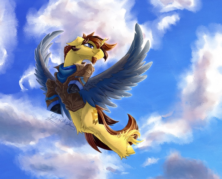 Size: 1540x1242 | Tagged: safe, artist:thatonegib, derpibooru import, oc, unofficial characters only, unicorn, amputee, artificial wings, augmented, bandana, clothes, cloud, colored wings, commission, facial hair, flying, goatee, hoof gloves, image, jacket, jpeg, looking up, multicolored wings, prosthetic limb, prosthetic wing, prosthetics, sky, smiling, solo, spread wings, unshorn fetlocks, wings, ych result