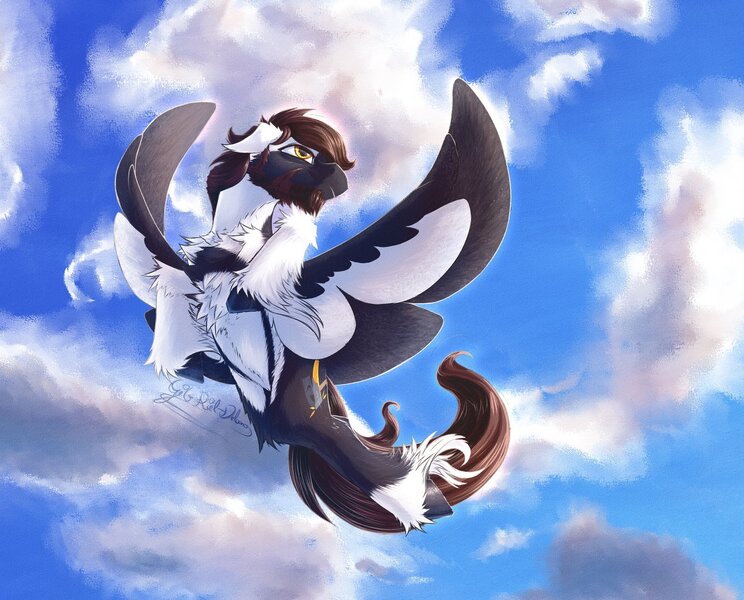 Size: 1540x1242 | Tagged: safe, artist:thatonegib, derpibooru import, oc, unofficial characters only, beard, cloud, colored wings, commission, facial hair, flying, image, jpeg, looking up, multicolored wings, sky, smiling, solo, spread wings, unshorn fetlocks, wings, ych result