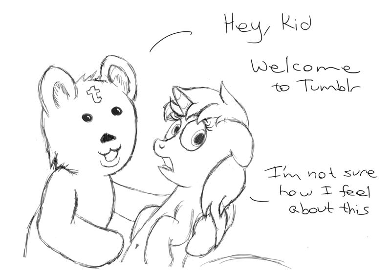 Size: 8185x5787 | Tagged: questionable, artist:sollace, derpibooru import, oc, oc:sollace, pony, unicorn, belly button, duo, image, monochrome, pedobear, png, talking to viewer, traditional art, welcome to tumblr