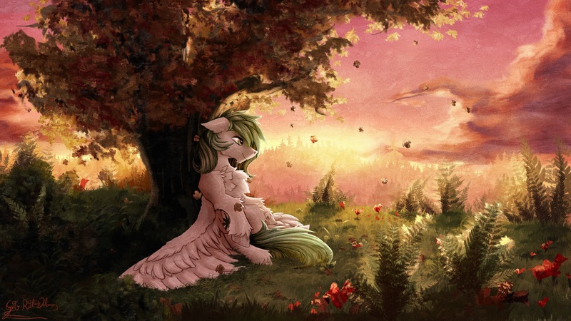 Size: 1920x1080 | Tagged: safe, artist:thatonegib, derpibooru import, oc, unofficial characters only, pegasus, commission, image, jpeg, looking sideways, scenery, smiling, solo, sunset, tree, under the tree, unshorn fetlocks, ych result