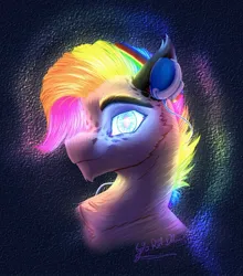 Size: 1110x1259 | Tagged: safe, artist:thatonegib, derpibooru import, blue eyes, bust, fluffy, glow, glowing eyes, glowing mane, headphones, image, jpeg, looking at you, multicolored hair, portrait, rainbow hair, smiling, solo