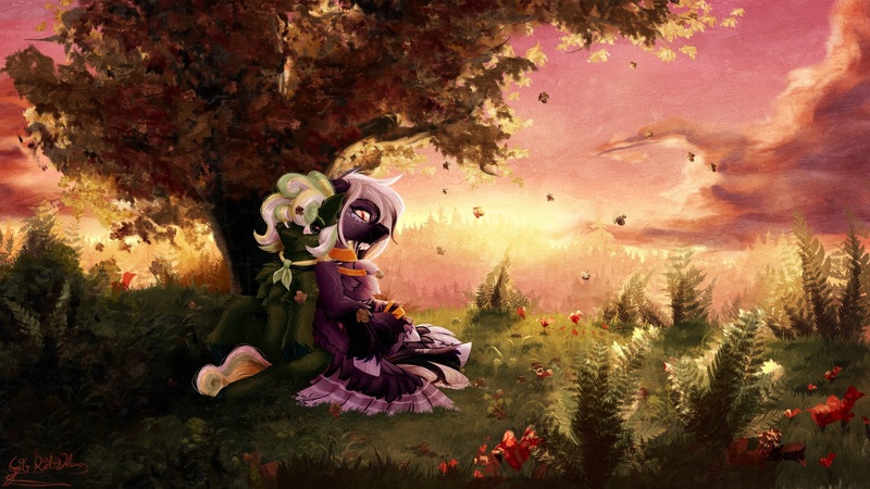 Size: 1920x1080 | Tagged: safe, artist:thatonegib, derpibooru import, oc, unofficial characters only, earth pony, pegasus, bracelet, commission, image, jewelry, jpeg, looking at each other, looking at someone, multicolored hair, scenery, smiling, solo, sunset, tree, under the tree, unshorn fetlocks, ych result