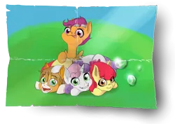 Size: 3972x2813 | Tagged: safe, artist:marrow-pony, derpibooru import, apple bloom, scootaloo, sweetie belle, oc, earth pony, pegasus, pony, unicorn, cutie mark crusaders, female, filly, foal, green eyes, group photo, happy, headband, high res, image, looking at you, lying, lying down, lying on the ground, magenta eyes, old photo, orange coat, orange eyes, png, simple background, smiling, teardrop, tongue out, white coat, yellow coat