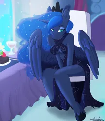 Size: 5718x6600 | Tagged: suggestive, artist:aurorafang, derpibooru import, princess luna, alicorn, cake, clothes, constellation, dress, female, food, fork, hooves, image, png, spread wings, throne room, wings