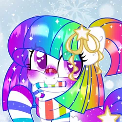 Size: 2048x2048 | Tagged: safe, artist:moonydropps, derpibooru import, oc, unofficial characters only, pony, blushing, candy, clothes, ears, female, food, hair, image, jpeg, mane, mare, pink eyes, scarf, socks, solo, stars