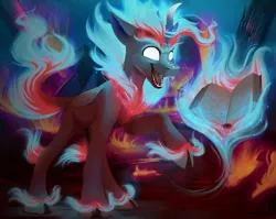 Size: 5015x3999 | Tagged: safe, artist:klarapl, derpibooru import, oc, oc:lotus cinder, kirin, nirik, pony, fanfic:words of power, absurd resolution, book, fanfic art, female, fire, image, mare, png, spellbook, story in the source