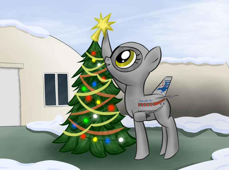 Size: 3103x2304 | Tagged: artist needed, safe, derpibooru import, oc, oc:belle carbone, unofficial characters only, original species, plane pony, pony, airfield, alternate design, christmas, christmas decoration, christmas lights, christmas star, christmas tree, detailed background, digital art, female, giant pony, hangar, holiday, image, looking at something, looking up, macro, mare, micro, oc focus, plane, png, raised hoof, snow, snowfall, solo, solo female, solo focus, stars, tree, yellow eyes