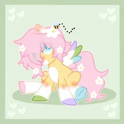 Size: 2048x2048 | Tagged: safe, artist:moonydropps, derpibooru import, oc, oc:spring steps, unofficial characters only, pegasus, pony, flower, flower in hair, hair, image, jpeg, male, mane, sitting, solo, spread wings, stallion, tail, wings