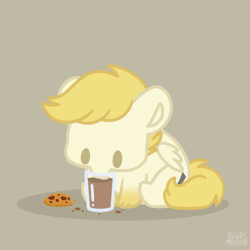 Size: 585x584 | Tagged: safe, artist:sugar morning, derpibooru import, oc, oc:exist, hippogriff, hybrid, pony, animated, chocolate, chocolate milk, commission, cookie, cute, food, gif, griffequus, image, milk, mlem, paws, silly, tongue out, wings, ych result
