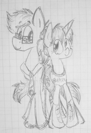 Size: 309x450 | Tagged: safe, artist:artflicker, derpibooru import, ponified, earth pony, pony, unicorn, chell, duo, female, glasses, grayscale, height difference, image, long-fall boots, looking at each other, looking at someone, male, mare, monochrome, necktie, pencil drawing, png, portal (valve), portal 2, stallion, traditional art, wheatley