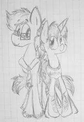 Size: 309x450 | Tagged: safe, artist:artflicker, derpibooru import, ponified, earth pony, pony, unicorn, chell, duo, female, glasses, grayscale, height difference, image, long-fall boots, looking at each other, looking at someone, male, mare, monochrome, necktie, pencil drawing, png, portal (valve), portal 2, stallion, traditional art, wheatley