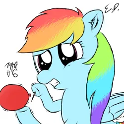 Size: 1080x1080 | Tagged: safe, artist:everydaydashie, derpibooru import, rainbow dash, pegasus, pony, atg 2022, balloon, balloon popping, female, image, needle, newbie artist training grounds, png, popping, simple background, solo, white background