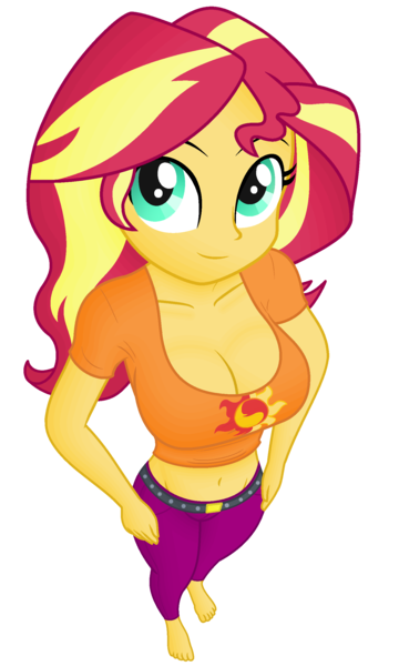 Size: 1500x2500 | Tagged: suggestive, artist:ah96, derpibooru import, editor:ah96, sunset shimmer, human, equestria girls, belly button, breasts, busty sunset shimmer, cleavage, clothes, female, high angle, image, midriff, ms paint, png, shading, simple background, solo, solo female, transparent background