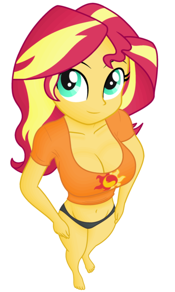 Size: 1500x2500 | Tagged: suggestive, artist:ah96, derpibooru import, editor:ah96, sunset shimmer, human, equestria girls, belly button, black underwear, breasts, busty sunset shimmer, cleavage, clothes, female, high angle, image, ms paint, panties, png, shading, simple background, solo, solo female, transparent background, underwear