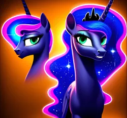 Size: 2990x2790 | Tagged: safe, derpibooru import, machine learning generated, purplesmart.ai, stable diffusion, princess luna, alicorn, pony, bust, female, flirting, friendly, image, looking at you, mare, png, side profile, smiling, smiling at you, solo, solo female, standing, walking towards you