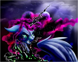 Size: 5000x4000 | Tagged: safe, artist:marrow-pony, derpibooru import, nightmare moon, princess luna, alicorn, pony, absurd resolution, angry, crying, darkness, floppy ears, hate, image, png, solo, starry background, tears of anger, transformation