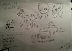 Size: 2856x2016 | Tagged: artist needed, safe, derpibooru import, oc, oc:oh-seven, unofficial characters only, original species, plane pony, pony, cute, drone, eyelashes, female, headgear, headset, helmet, image, jpeg, mane, mare, ocbetes, pencil drawing, plane, reference sheet, solo, traditional art, visor, wig