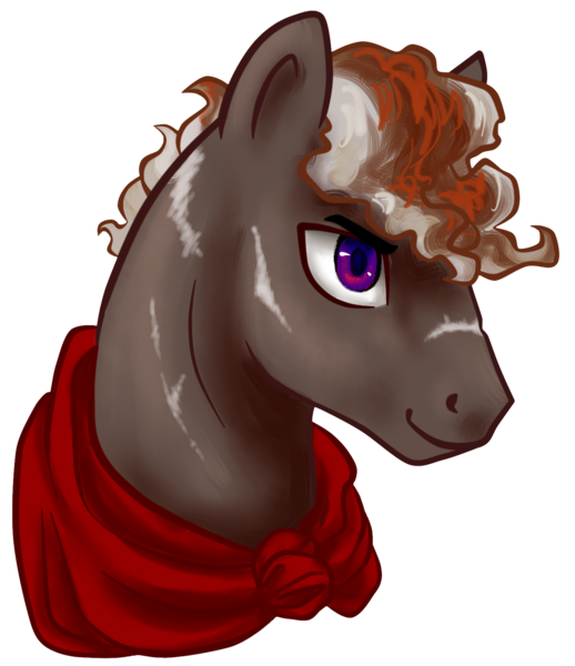 Size: 1427x1654 | Tagged: safe, artist:saby, derpibooru import, oc, oc:cumulonimbus, unofficial characters only, pegasus, pony, brown coat, bust, cloak, clothes, curly mane, derpibooru exclusive, horse heresy, image, male, png, purple eyes, scarred, smiling, solo, stallion, striped mane