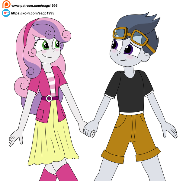 Size: 3240x3156 | Tagged: safe, artist:eagc7, derpibooru import, rumble, sweetie belle, human, equestria girls, blushing, clothes, colored, commission, female, goggles, holding hands, image, male, patreon, patreon reward, png, rumbelle, shipping, simple background, straight, white background