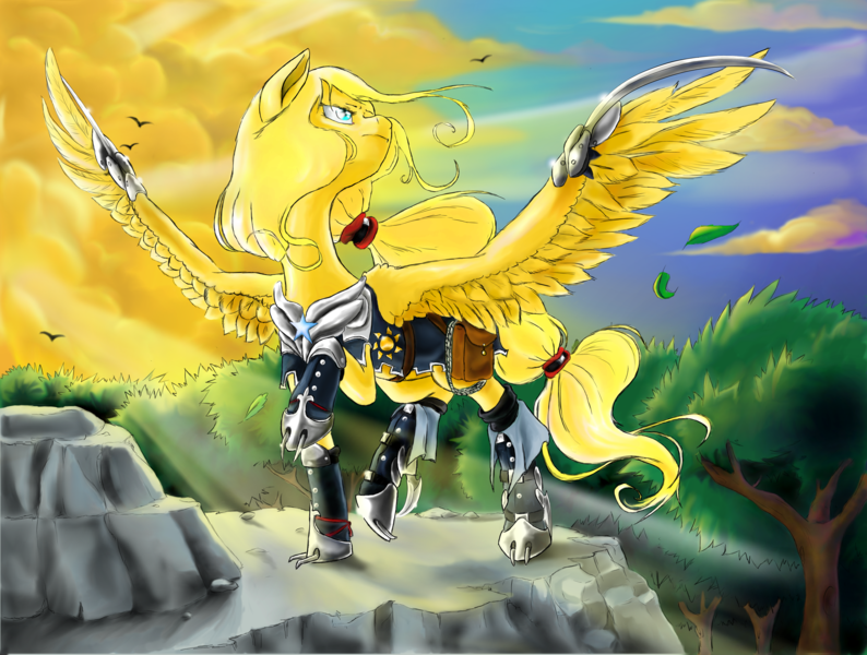 Size: 6061x4581 | Tagged: safe, artist:marrow-pony, derpibooru import, oc, pegasus, pony, absurd file size, absurd resolution, bag, blade, cliff, clothes, cyan eyes, detailed background, determined, forest, forest background, image, light rays, png, raised hoof, saddle bag, solo, spread wings, standing, tree, weapon, wingblade, wings, yellow coat, yellow mane