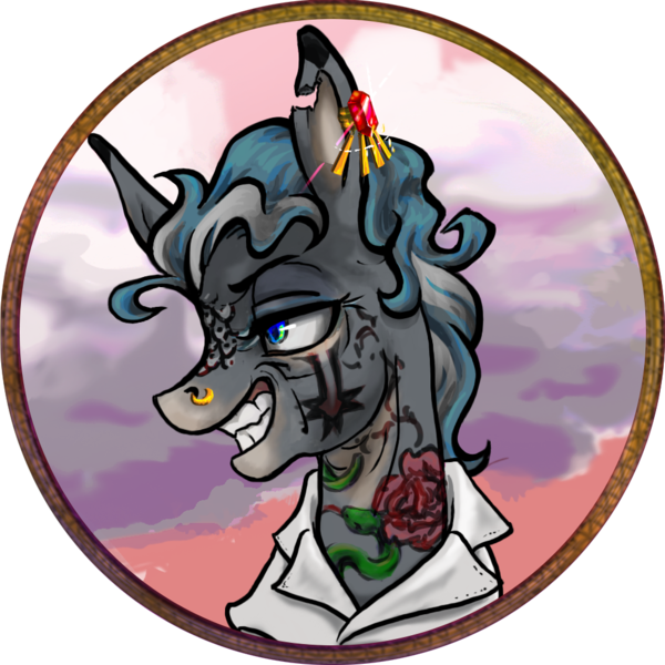 Size: 984x984 | Tagged: safe, artist:saby, derpibooru import, oc, oc:mulia wild, unofficial characters only, hybrid, mule, pony, blue eyes, blue mane, bust, character token, clothes, colored, derpibooru exclusive, ear piercing, female, gray coat, grin, image, mare, mature, mule oc, nose piercing, nose ring, piercing, pirate, png, roleplay illustration, shirt, smiling, solo, tattoo, the last summer, toothy grin, torn ear, wavy mane, wrinkles