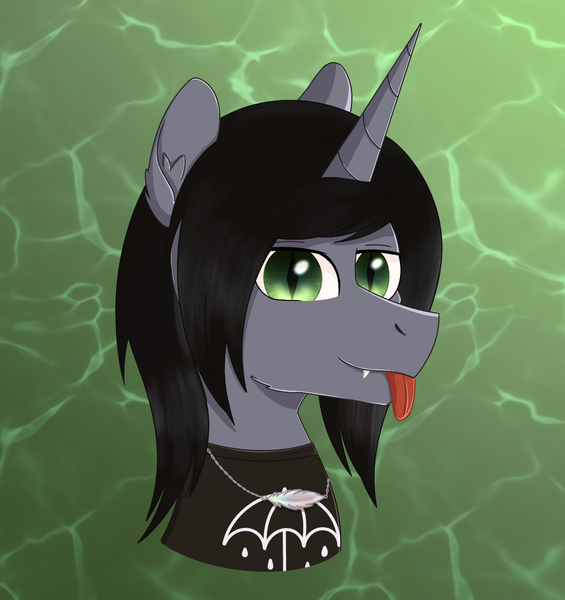 Size: 1209x1284 | Tagged: safe, artist:dyonys, derpibooru import, oc, ponified, ponified:kellin quinn, pony, unicorn, :p, abstract background, bust, clothes, commission, disguise, disguised siren, fangs, fins, grin, horn, image, looking at you, male, png, scales, shirt, sleeping with sirens, slit pupils, smiling, solo, t-shirt, tongue out