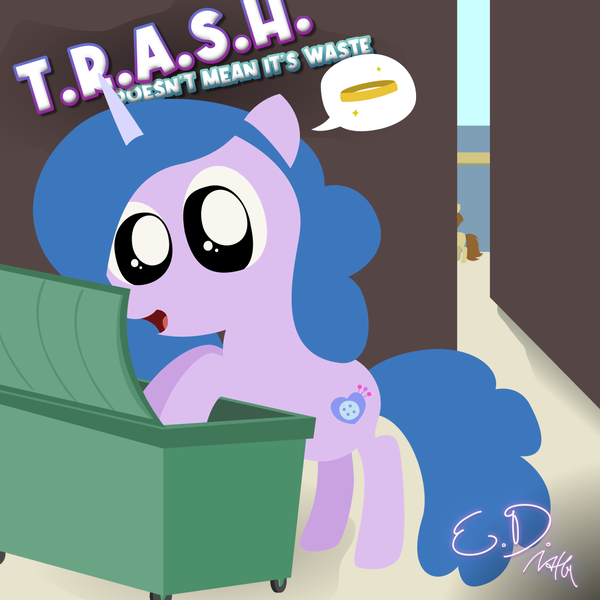 Size: 1080x1080 | Tagged: safe, artist:everydaydashie, derpibooru import, izzy moonbow, pony, unicorn, dumpster, female, g5, image, png, solo, trash