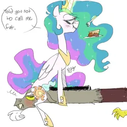 Size: 1024x1024 | Tagged: safe, artist:chandelurres, derpibooru import, discord, princess celestia, alicorn, draconequus, pony, cake, cakelestia, dialogue, eating, food, fork, image, jpeg, plate, simple background, sitting