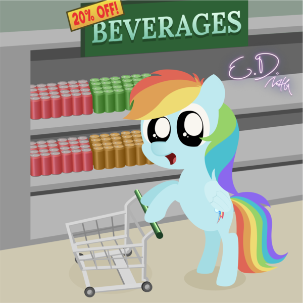 Size: 1081x1081 | Tagged: safe, artist:everydaydashie, derpibooru import, rainbow dash, pegasus, pony, female, groceries, image, png, shopping, shopping cart, solo, store