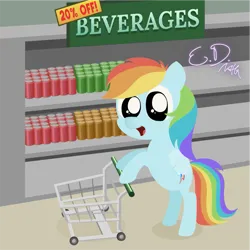 Size: 1081x1081 | Tagged: safe, artist:everydaydashie, derpibooru import, rainbow dash, pegasus, pony, female, groceries, image, png, shopping, shopping cart, solo, store