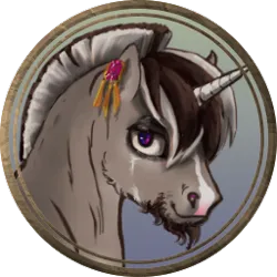 Size: 256x256 | Tagged: safe, artist:saby, derpibooru import, oc, oc:plankwalker, unofficial characters only, pony, unicorn, bust, character token, coat markings, derpibooru exclusive, dun, ear piercing, earring, facial hair, facial markings, image, jewelry, looking at you, male, piercing, pirate, png, purple eyes, roached mane, roleplay illustration, scarred, smiling, smirk, solo, stallion, stripe (coat marking), the last summer