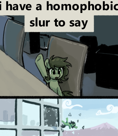 Size: 384x441 | Tagged: safe, artist:plunger, derpibooru import, oc, oc:anonfilly, unofficial characters only, earth pony, pony, broken window, chair, drawthread, earth pony oc, female, filly, glasses, image, implied homophobia, meme, png, ponified meme, raised hoof, solo, window