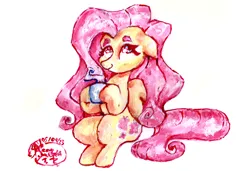 Size: 4498x3072 | Tagged: safe, artist:mannybcadavera, derpibooru import, fluttershy, pegasus, acrylic painting, coffee, coffee cup, cup, image, png, signature, simple background, sitting, solo, traditional art, white background