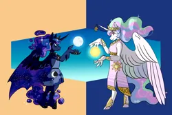 Size: 1280x853 | Tagged: safe, artist:animalstamp, derpibooru import, princess celestia, princess luna, anthro, clothes, duo, female, image, looking at each other, looking at someone, moon, png, profile, royal sisters, siblings, sisters, split screen, spread wings, standing, sun, two sides, wings