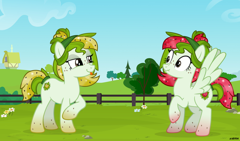 Size: 5000x2940 | Tagged: safe, artist:a4r91n, derpibooru import, oc, oc:watermelana, unofficial characters only, earth pony, pegasus, alternate design, image, jpeg, raised hoof, self paradox, self ponidox, tongue out
