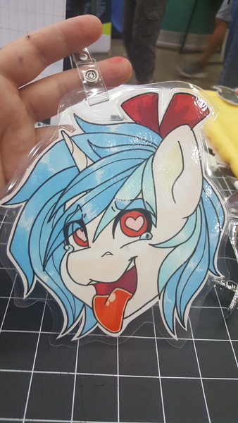 Size: 2988x5312 | Tagged: safe, artist:inkkeystudios, derpibooru import, oc, unofficial characters only, human, pony, unicorn, ahegao, badge, bow, bust, hair bow, heart, heart eyes, image, irl, irl human, jpeg, open mouth, open smile, photo, portrait, smiling, solo, teary eyes, tongue out, traditional art, wingding eyes