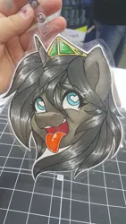 Size: 2988x5312 | Tagged: safe, artist:inkkeystudios, derpibooru import, oc, unofficial characters only, human, pony, unicorn, ahegao, badge, bust, eyebrows, eyebrows visible through hair, eyes rolling back, heart, heart eyes, image, irl, irl human, jewelry, jpeg, open mouth, open smile, photo, portrait, smiling, solo, tiara, tongue out, traditional art, wingding eyes