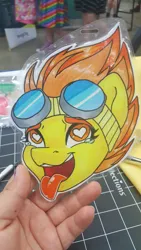 Size: 2988x5312 | Tagged: safe, artist:inkkeystudios, derpibooru import, spitfire, human, pony, ahegao, badge, bust, eyes rolling back, goggles, goggles on head, heart, heart eyes, image, irl, irl human, jpeg, open mouth, open smile, photo, portrait, smiling, solo, teary eyes, tongue out, traditional art, wingding eyes