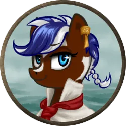 Size: 256x256 | Tagged: safe, artist:saby, derpibooru import, oc, oc:navy neat, unofficial characters only, earth pony, pony, blue eyes, bust, character token, clothes, coat markings, derpibooru exclusive, ear piercing, earring, female, image, jewelry, mare, neckerchief, piercing, pinto, pirate, png, popped collars, queue, roleplay illustration, shirt, smiling, solo, the last summer, two toned mane