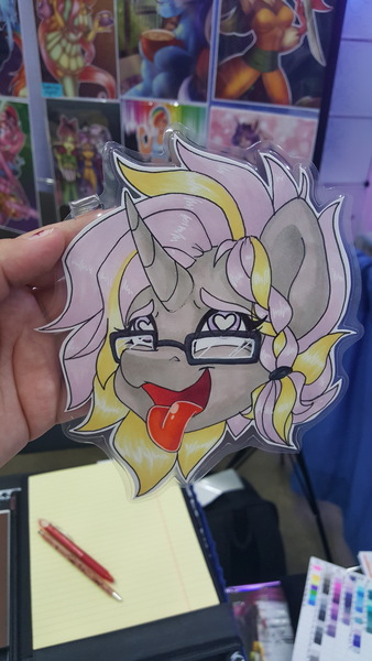 Size: 2988x5312 | Tagged: safe, artist:inkkeystudios, derpibooru import, oc, unofficial characters only, human, pony, unicorn, ahegao, badge, braid, bust, curved horn, eyes rolling back, glasses, heart, heart eyes, horn, image, irl, irl human, jpeg, open mouth, open smile, photo, portrait, smiling, solo, tongue out, traditional art, wingding eyes