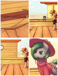 Size: 1242x1642 | Tagged: safe, artist:subjectnumber2394, derpibooru import, oc, oc:copper wings, pegasus, pony, ask, ask copper wings, barrel, boat, clothes, colt, comic, female, foal, hat, image, male, mare, pier, png, river, ship, stallion, water, wingless